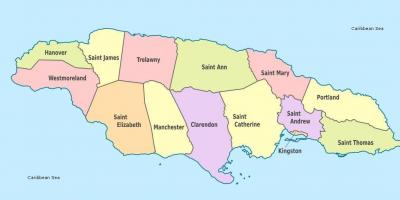 Un mapa de jamaica amb les parròquies i capitals