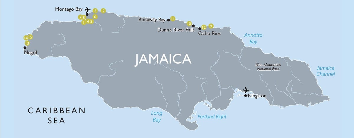 mapa dels llocs d'interès turístic de jamaica