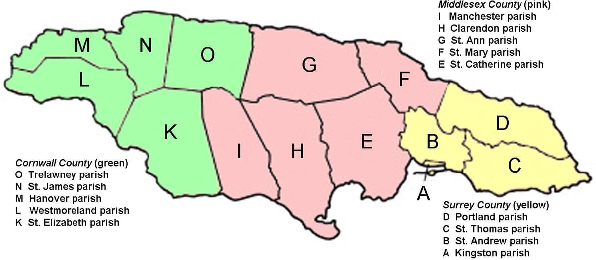 Mapa de jamaica comarques