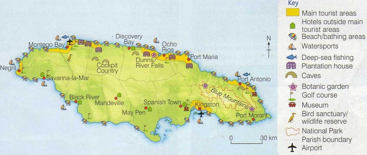 Mapa de jamaica mostrant resort àrees