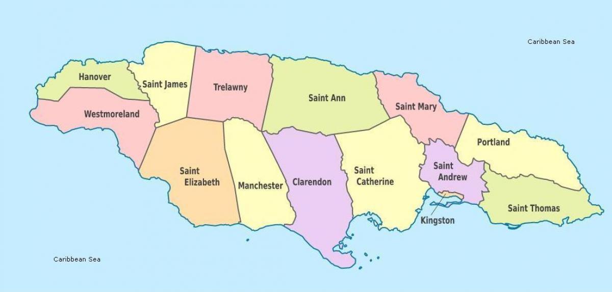 un mapa de jamaica amb les parròquies i capitals