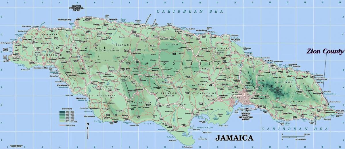 mapa físic de jamaica mostrant muntanyes