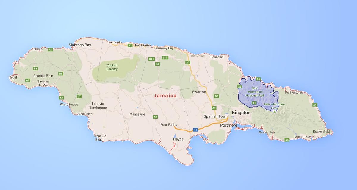 Mapa de les muntanyes blaves de jamaica
