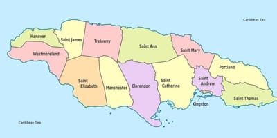 Un mapa de jamaica amb les parròquies i capitals